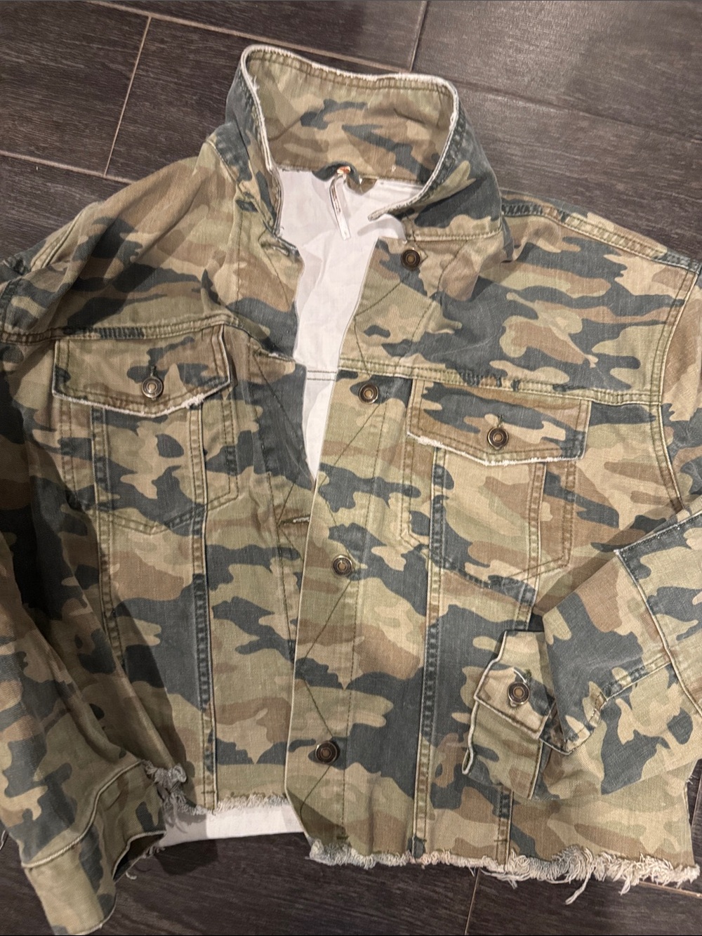 Free People Camo Denim Trucker Jacket - Green, Tan